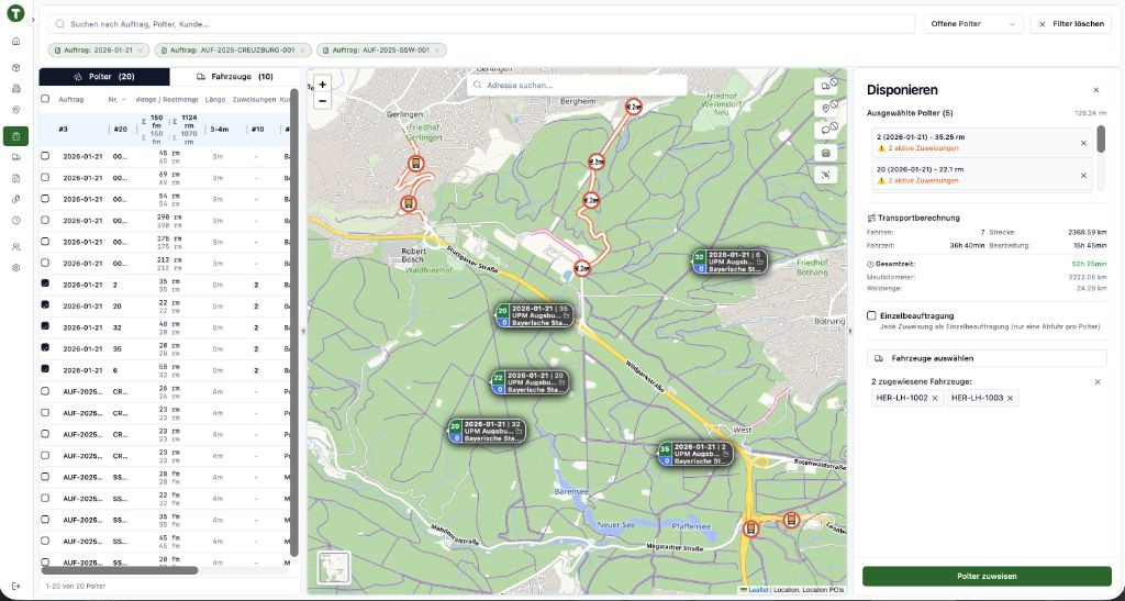 Timber Flow Disponenten-Oberfläche mit Karte und Polter-Liste
