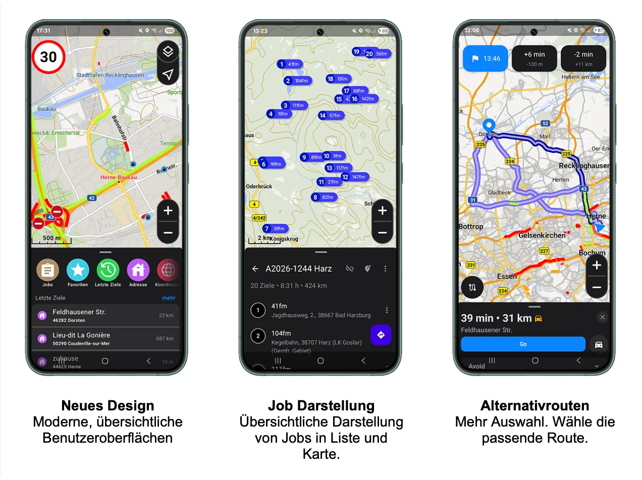 Localion Navigator auf drei Smartphone-Screens